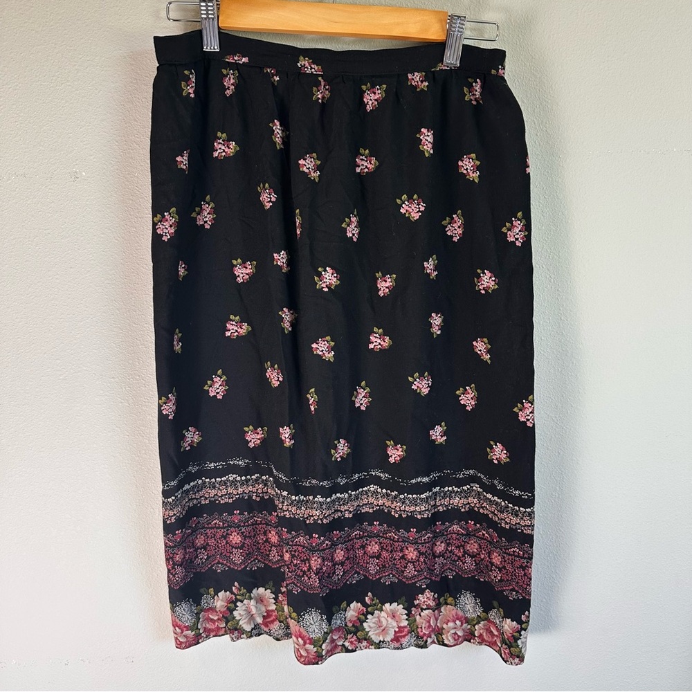 VTG Womens S Black Floral Midi Skirt‎ High Waist Border Print Pink Roses